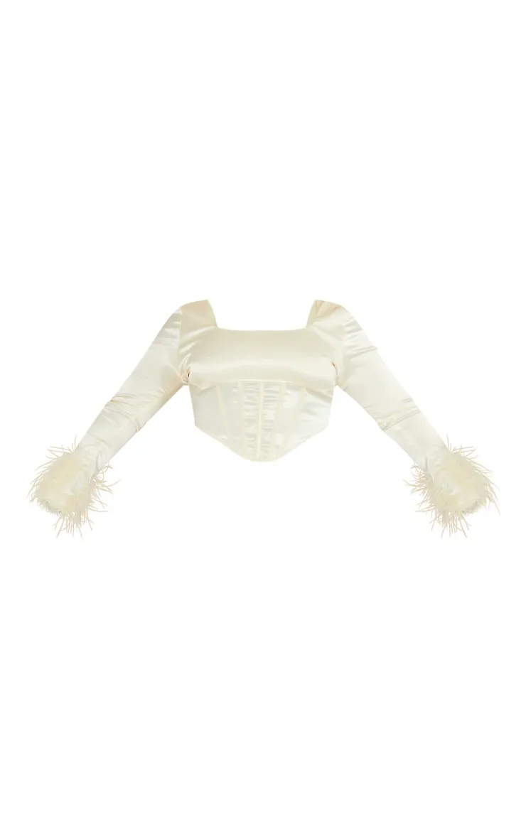 Plus Top corset satiné crème à manchettes en plumes
